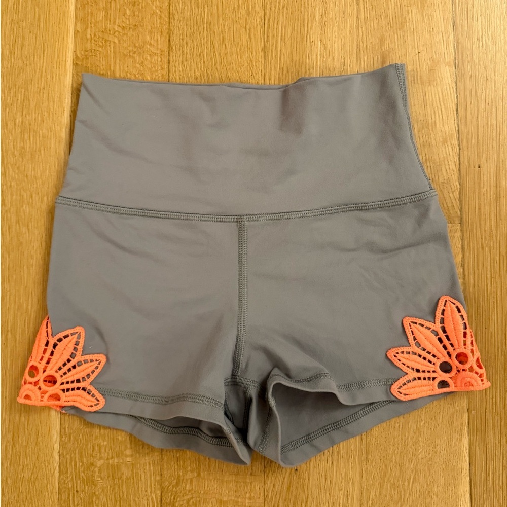 aerie High Waist Gray Workout Shorts with Coral Appliqué